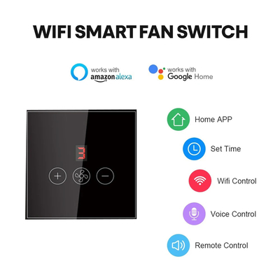Glomarket Tuya Smart Wifi Ceiling Fan Switch Eu Standard Glass Touch Wall App Remote Control เครื่องปรับความเร็วพัดลมไฟฟ้า