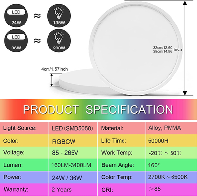24w Tuya Smart Ceiling Light รีโมทคอนโทรล Rgb สีสันสดใสนำเพลงสมัยใหม่